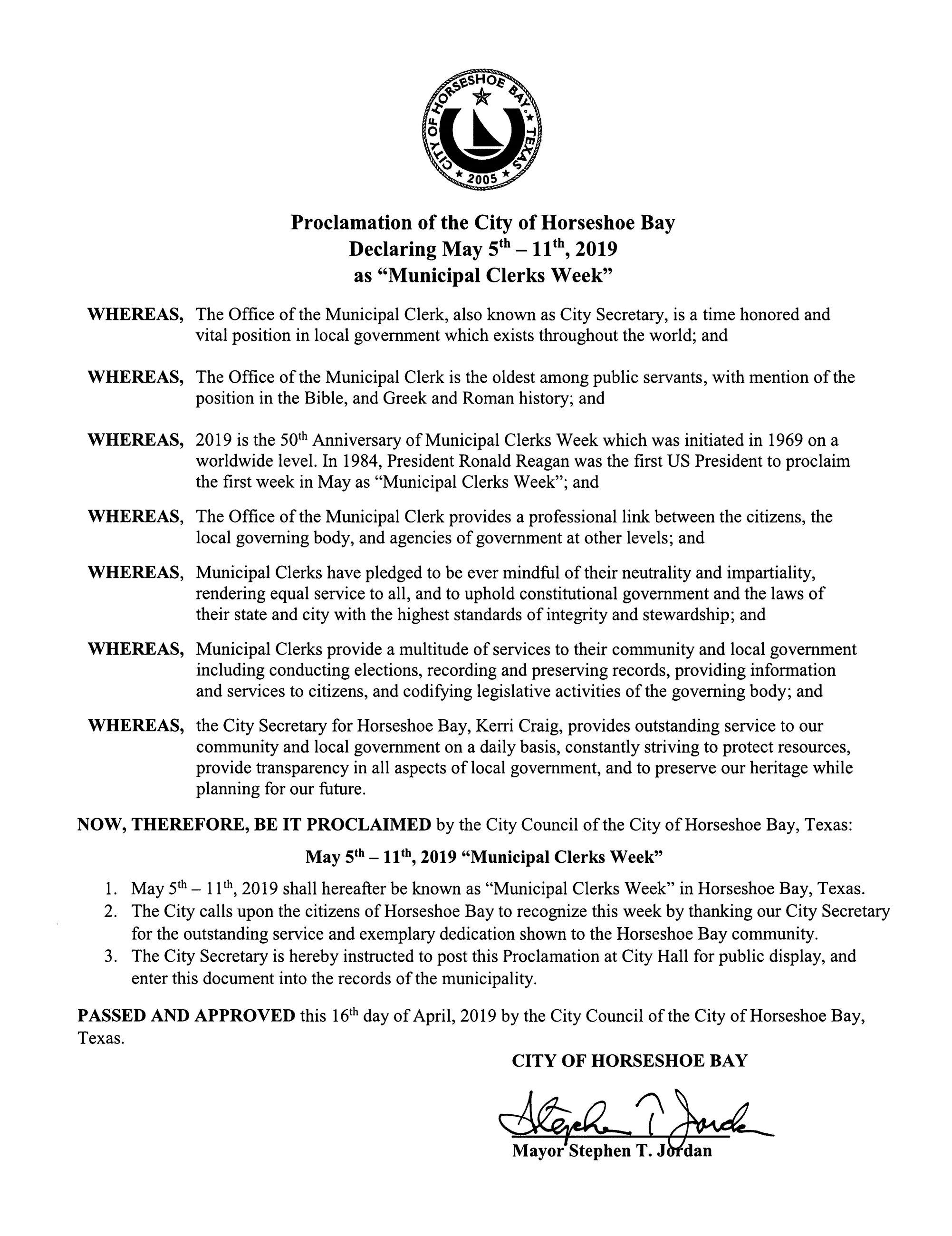 2019 May 5-11 Municipal Clerks Week 04.16.2019