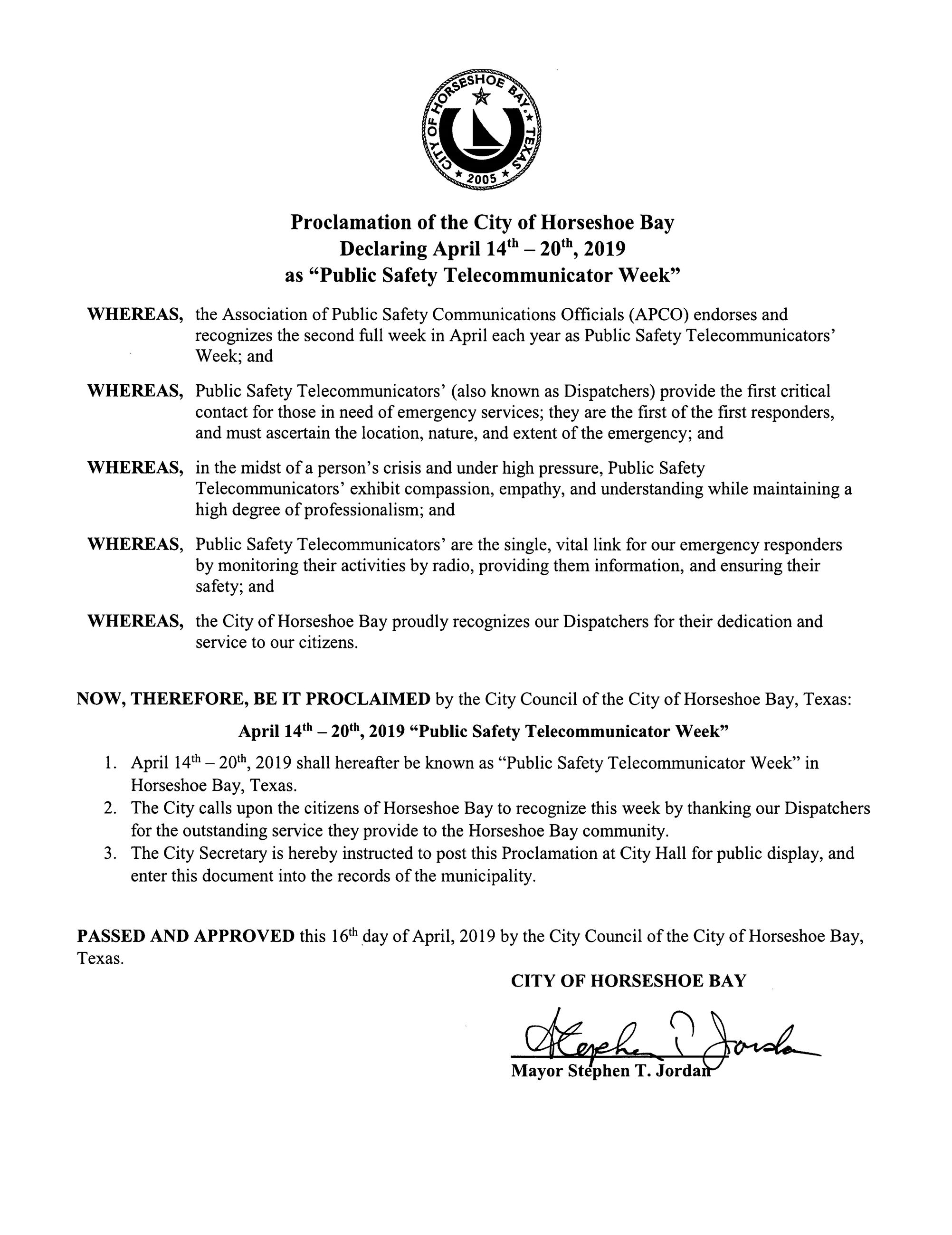 2019 April 14-20 Public Safety Telecommunicator Week 04.16.2019