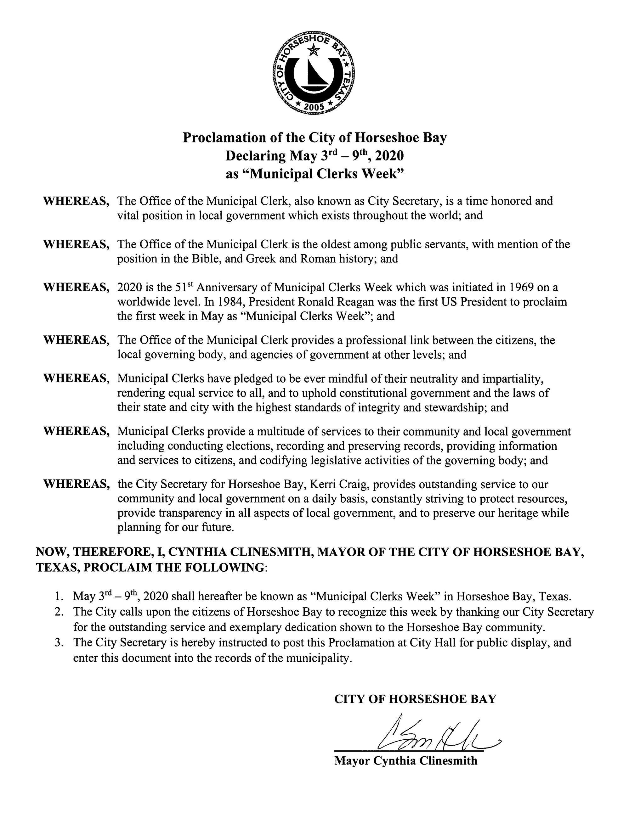 2020 May 3-9 Municipal Clerks Week 05.01.2020