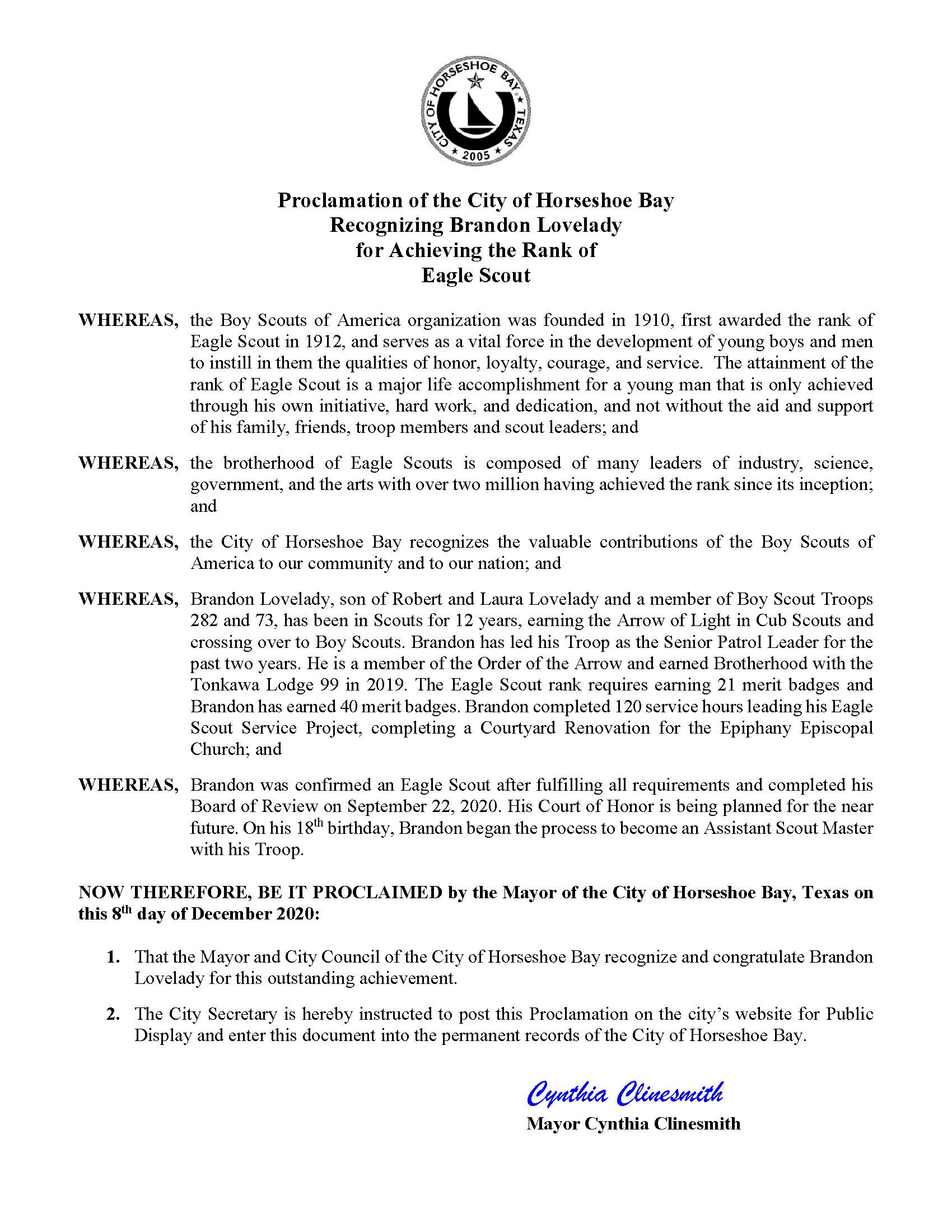 Eagle Scout Brandon Lovelady
