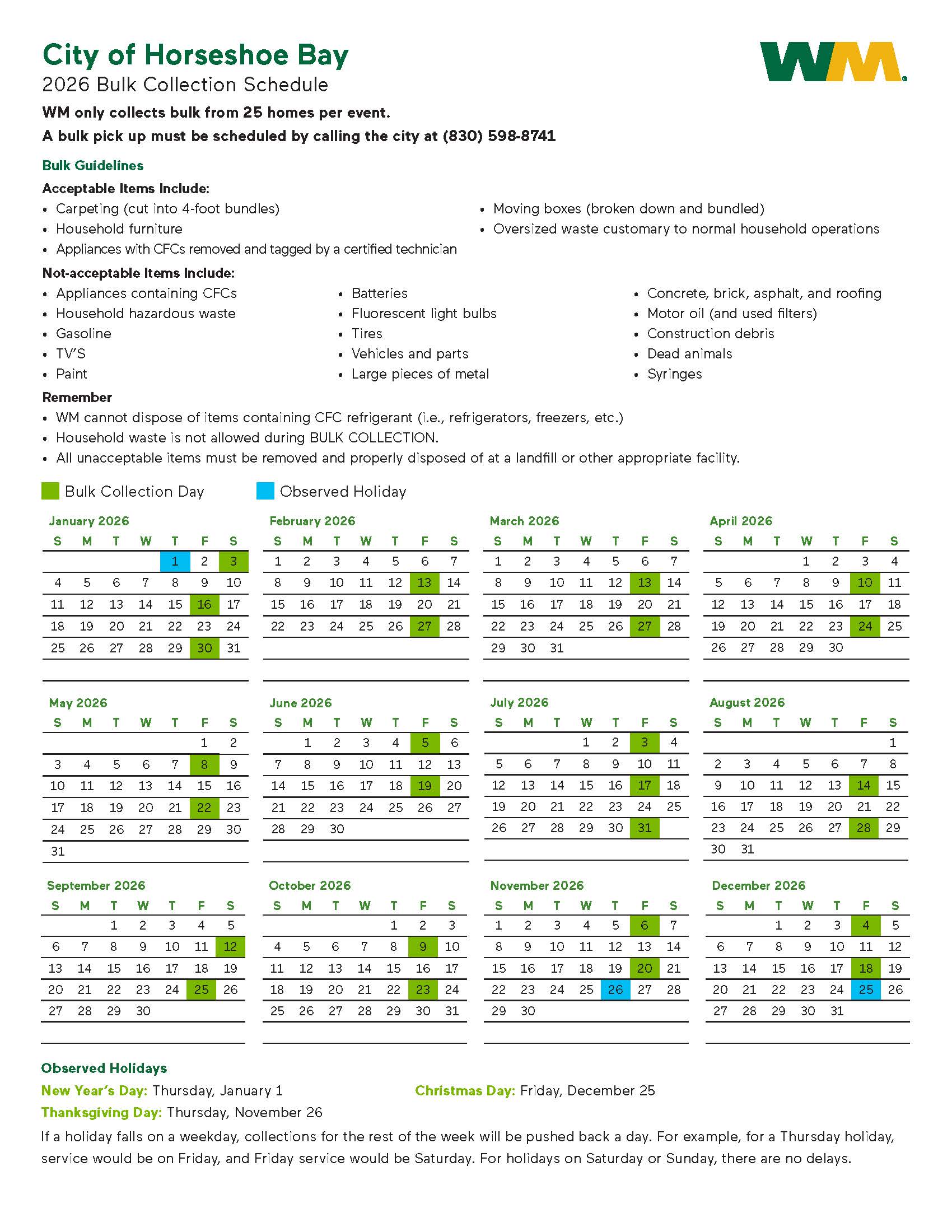 2026 Horseshoe Bay Bulk collection calendar