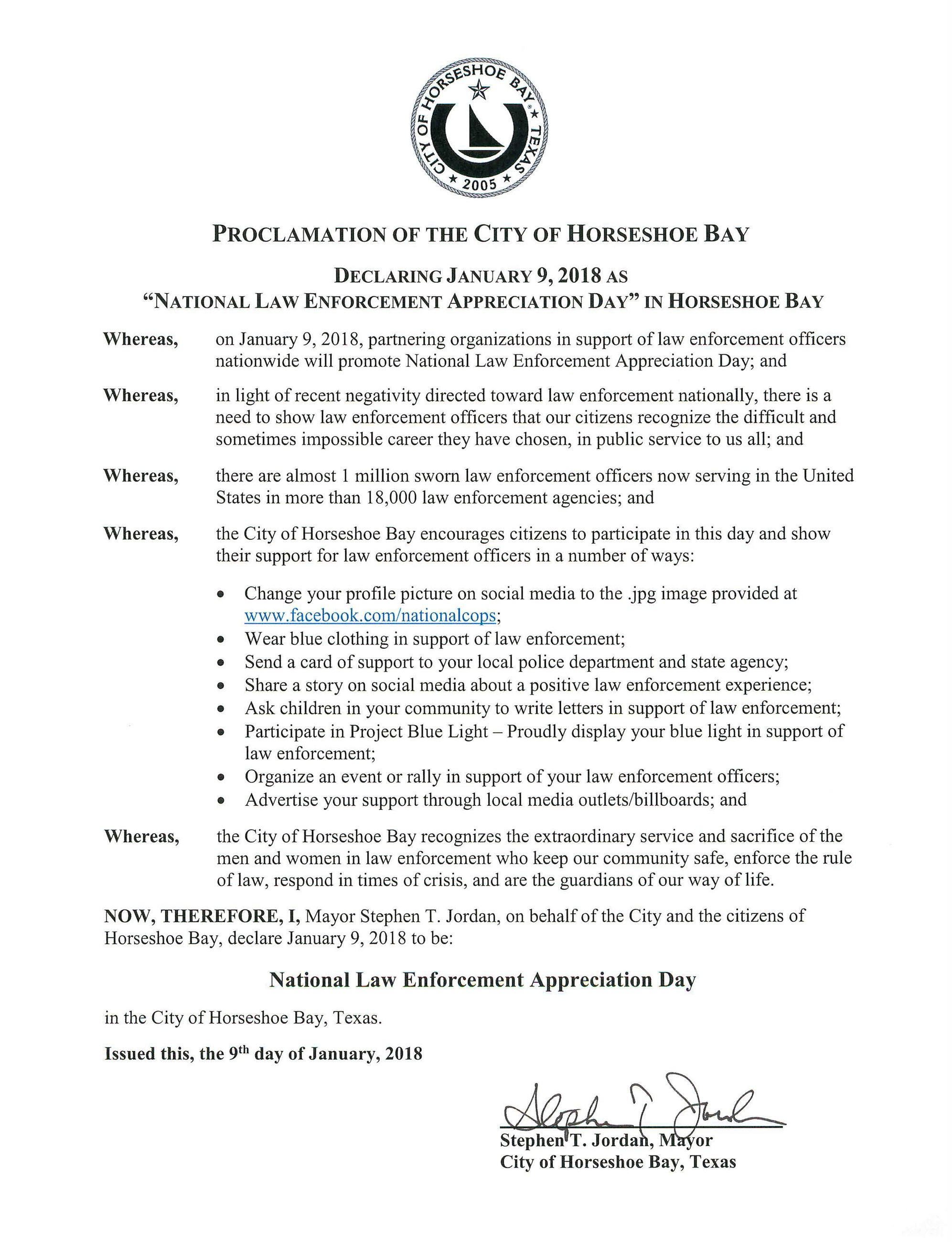 Proclamation Declaring Jan 9 2018 Natl Law Enforcement Appreciation Day