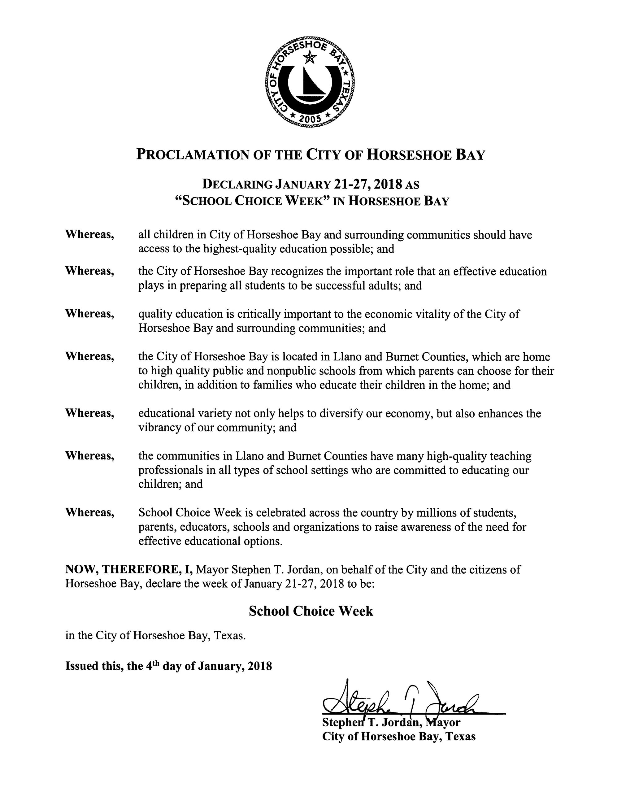 Proclamation Declaring Jan 21-27 2018 School Choice Week