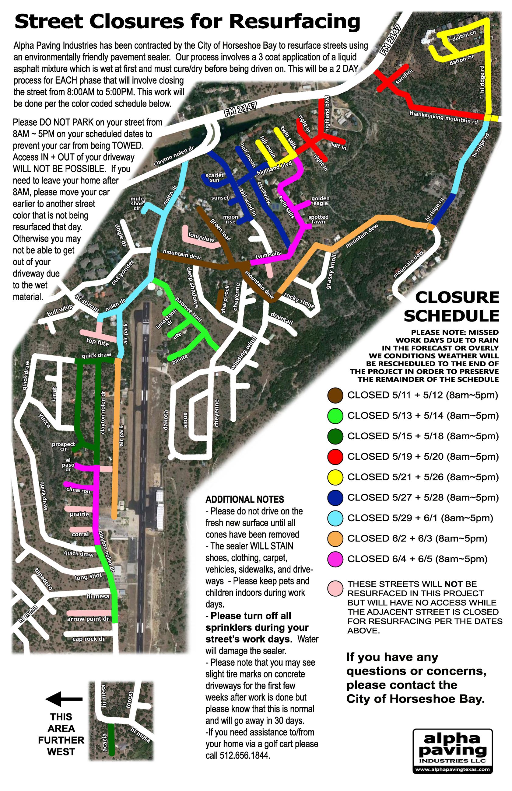 Highlands Phasing Map. Includes several lines of text and color coordinated schedules. Contact Tim F