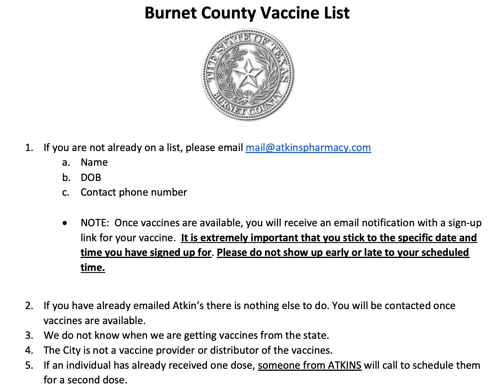 Burnet County COVID-19 Vaccine List